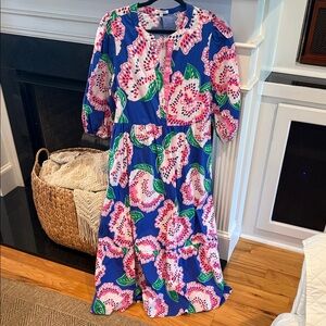 Mary Square Blue Floral with Pink & Green Print Boutique Midi Dress